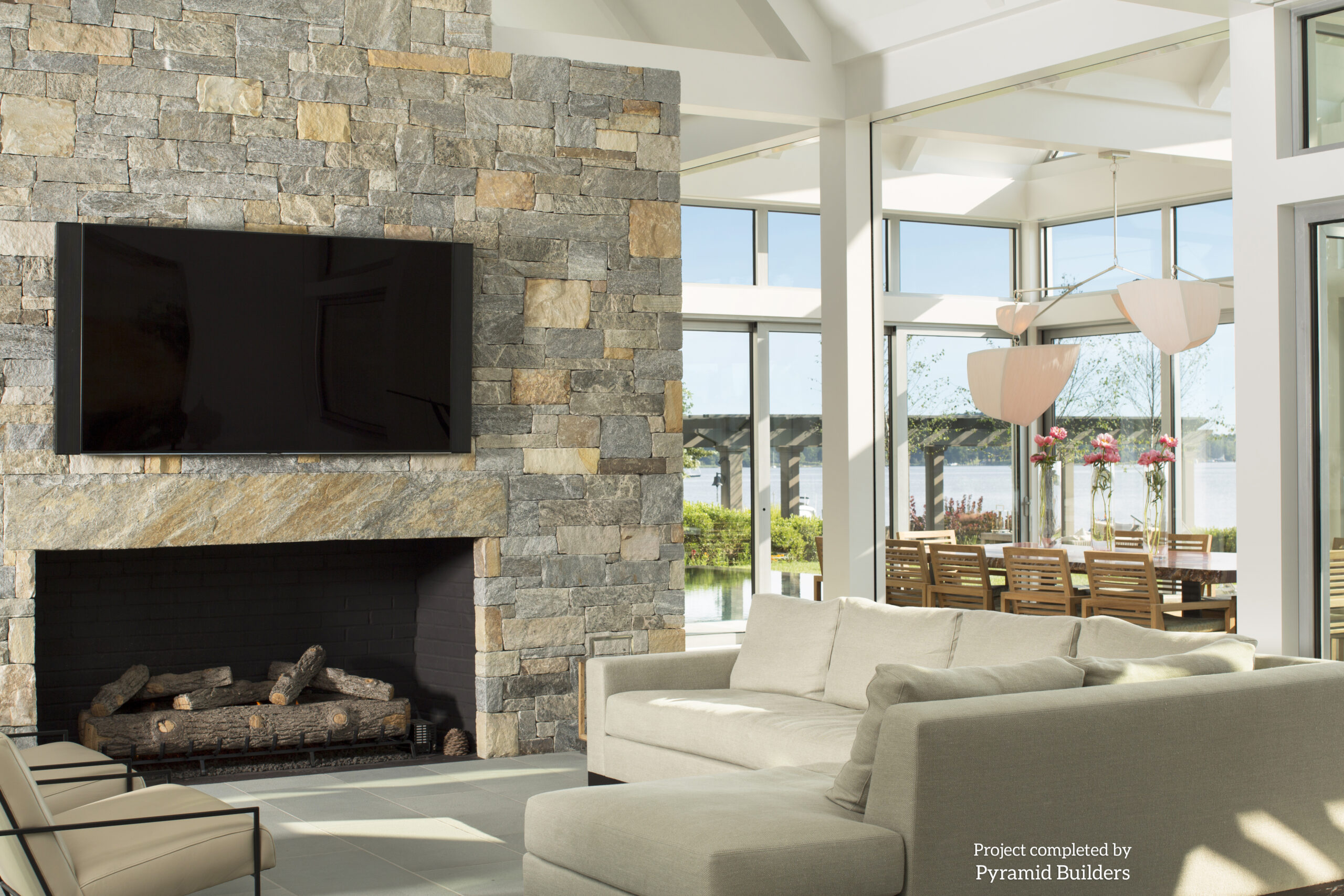 modern stone veneer fireplace