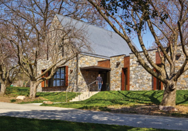 Community center with natural stone veneer siding