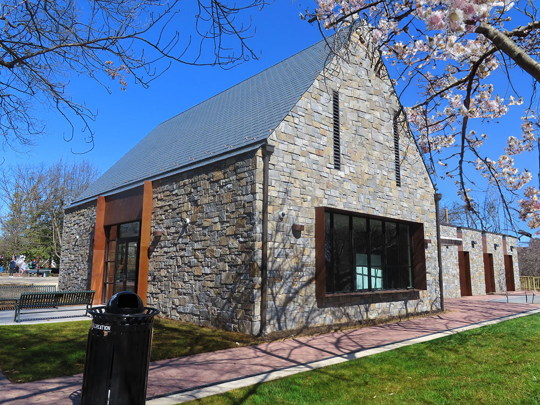 Exterior of a recreation center featuring Natural Facing Chesapeake Roughly Rectangular Sawn Thin Stone