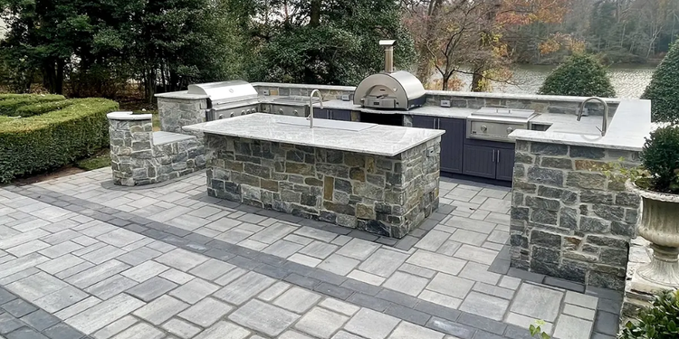 Ocean Blue Ledgestone Outdoor Kitchen with pizza oven, grill, and sink